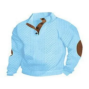 Light blue men's stand-up collar jacquard knit sweater with brown elbow patches