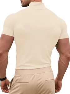 Rear view of men's beige slim fit mock neck T-shirt showing muscle fit details
