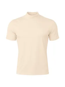 Detailed view of the fabric and mock neck design of this slim fit men's beige short sleeve t-shirt