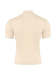 Back view of premium men's slim-fit mock neck short-sleeved T-shirt in light beige