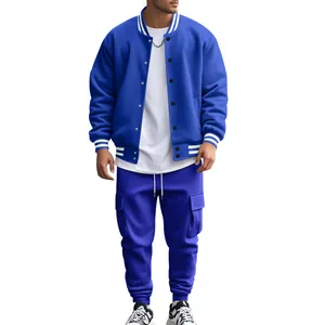 Premium blue men's fleece-lined varsity jacket and matching cargo sweatpants set