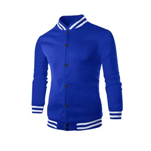 Detailed view of a classic blue varsity jacket with striped ribbing and snap buttons