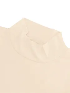 Detail of beige men's slim fit mock neck T-shirt showcasing soft stretch fabric