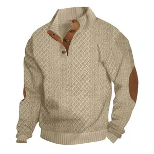 Detailed view of khaki men's sweater with buttoned high collar and elbow patches