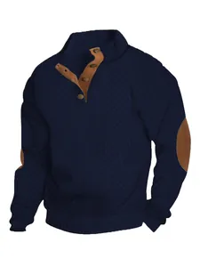 Classic navy blue men's cable knit sweater featuring a stand collar and elbow patches