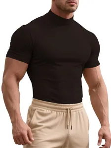 Close-up view of men's slim-fit mock neck short sleeve T-shirt highlighting the athletic fit