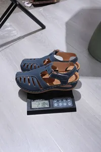 Detailed view of lightweight navy blue closed-toe wedge sandals weighing 218.4 grams
