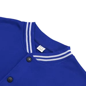 Detail view of men's blue varsity jacket collar with striped ribbing and M size tag