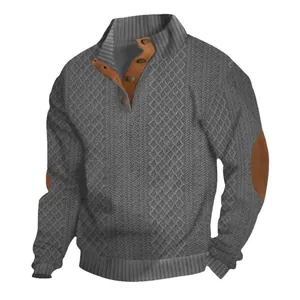 Detail of gray cable-knit sweater with mock neck buttons and brown elbow patches