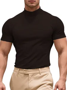 Close-up of a men's slim fit mock neck short sleeve T-shirt in dark brown