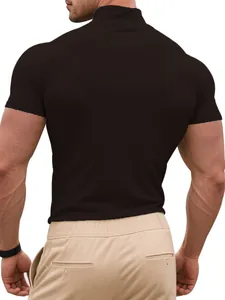 Back view detail of men's slim fit mock neck short sleeve T-shirt in dark coffee color