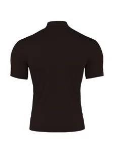 Back view of a premium men's slim fit mock neck short sleeve T-shirt in dark chocolate