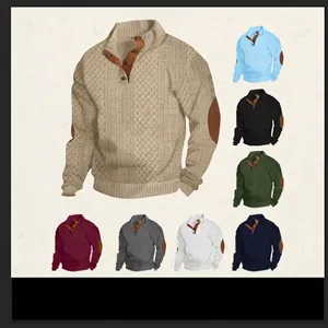 Men Stand Collar Long Sleeve Jacquard Sweatshirt Vintage Casual Top With Button Placket And Contrast Elbow Patches Polyester