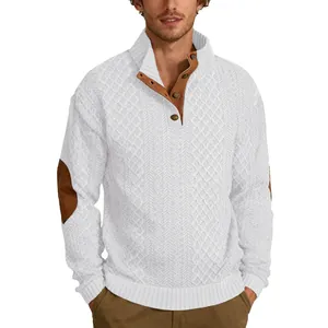 Stylish white men's cable knit sweater featuring a stand collar and brown elbow patches.
