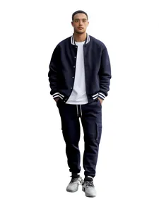 Men's navy blue fleece-lined varsity jacket and matching cargo sweatpants 2-piece set