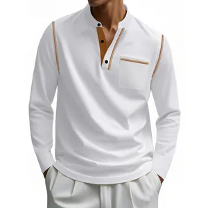 T-shirt blanc à manches longues Henley pour homme avec coutures marron et poche