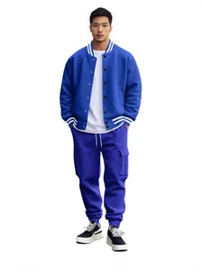 Stylish men's blue varsity jacket and matching cargo sweatpants two-piece fleece sports set