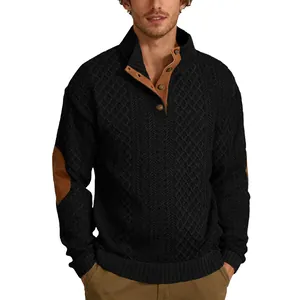 Men's casual black cable-knit sweater with brown elbow patches and buttoned stand collar