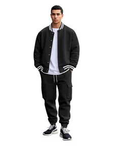 Men's American style fleece varsity jacket and matching cargo sweatpants set in black