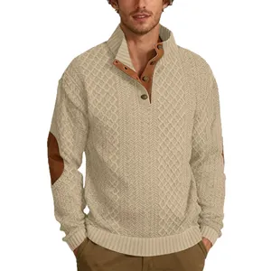 Premium men's casual cable knit sweater with stand collar and elbow patches in beige