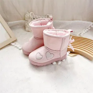 Pink toddler snow boots with heart embroidery and warm plush lining
