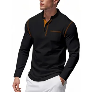 Polo noir à manches longues pour hommes avec col montant et surpiqûres orange contrastées.