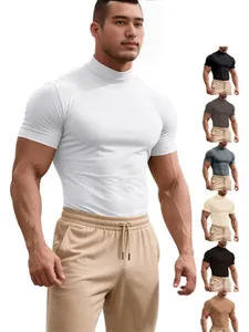 Men Mock Neck Slim Fit Short Sleeve T-Shirt Solid Color High Stretch Polyester Top British Gentleman Casual Tee Muscle Base Layer