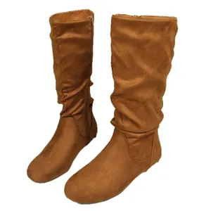 Stylish women's brown suede slouchy mid-calf boots featuring round toe and side zipper