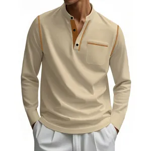 Polo Henley beige à manches longues pour hommes avec coutures contrastées et poche
