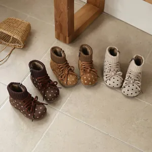 Girls Winter Polka Dot Ankle Boots French Retro Fleece Lined Snow Boots Kids Knitted Cuff Non-slip Side Zipper Outdoor Shoes