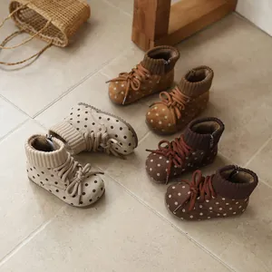 Retro polka dot boots for girls with knit collar and warm fleece lining for winter