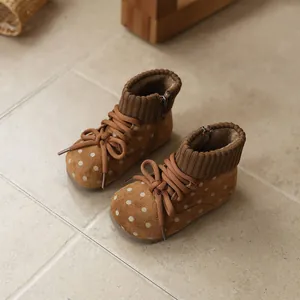 Retro brown polka dot girls winter boots featuring warm knit collar and suede finish