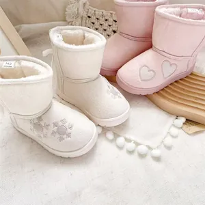 Warm girls' winter snow boots with heart and snowflake embroidery and faux fur lining