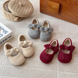 Adorable girls' French style felt Mary Jane shoes with lovely bows and warm fleece lining