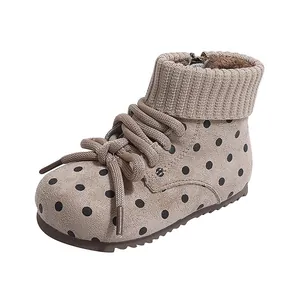 French style vintage polka dot girls' winter ankle boots with knitted collar and fur lining