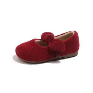 Red felt girl's Mary Jane shoes with large bow and warm fleece lining for winter