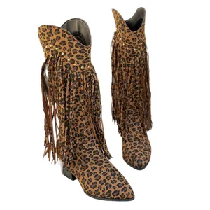 Western style leopard print fringe cowboy boots with studs and pointed toe for women
