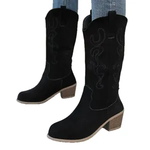 Vintage schwarze Western-Cowboystiefel für Damen mit Stickerei und Blockabsatz