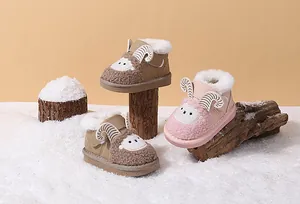 Detailed view of cute cartoon sheep baby winter snow boots with warm plush lining for toddlers