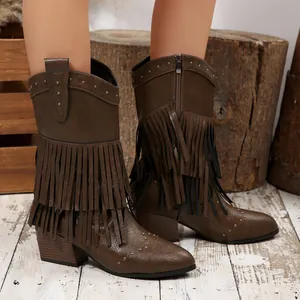 Close-up of brown Western fringe boots with metallic stud details and rustic wood backdrop.