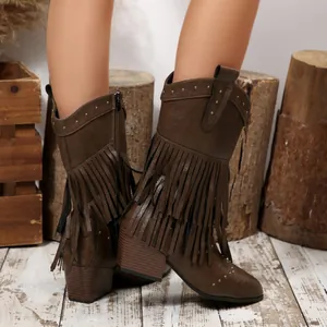 Detailed view of brown fringe cowboy boots with gold rivet accents and chunky heels