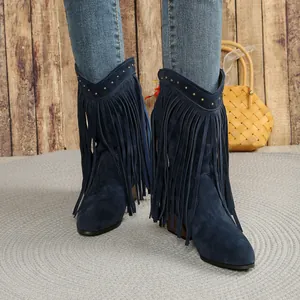 Close-up of stylish blue suede western cowboy boots featuring long fringe and gold studs