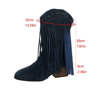 Detailed view of blue suede western cowboy boots with long tassels and measurement markings