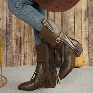 Macro view of brown Western cowboy boots with long fringe and decorative gold rivets.