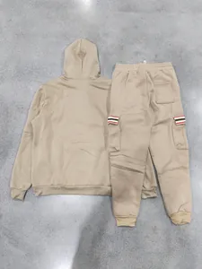 Heavyweight khaki men's fleece hoodie and cargo joggers set with striped pocket detail