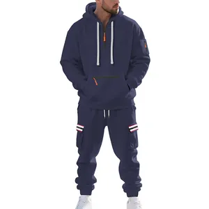 Detailed full body view of navy blue men's heavy fleece tracksuit with cargo pockets
