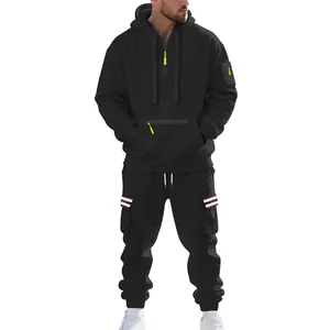 Black heavyweight fleece tracksuit set for men with cargo pockets and neon zippers