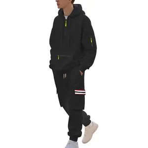 Detail of men's heavy fleece cargo tracksuit in black with striped pocket accents
