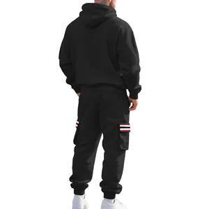 Back view of black heavyweight fleece tracksuit with striped cargo pockets for men