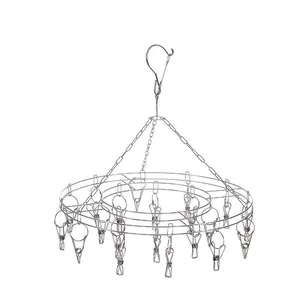Durable circular stainless steel laundry drying rack with 20 clips and windproof hook